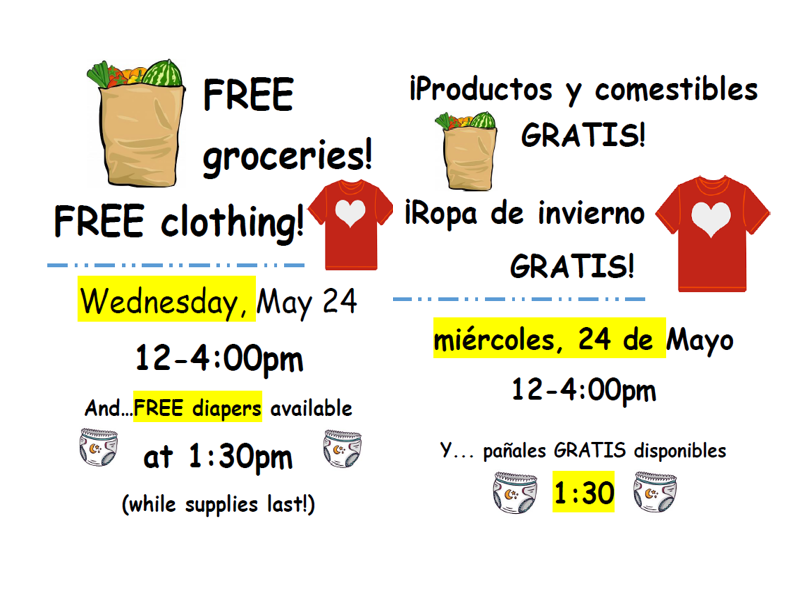 FREE GROCERIES! FREE CLOTHING! ¡PRODUCTOS Y COMESTIBLES GRATTIS! ¡ROPA DE INVIERNO GRATTIS!